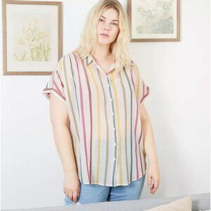 Ava & VIV muslin cotton vertical stripe cap sleeve button front collared top 14W